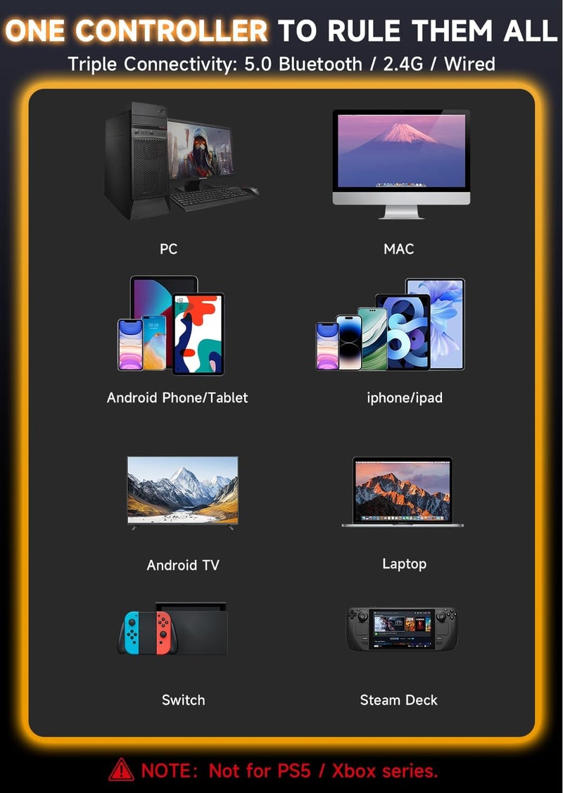 AOC وحدة تحكم الكمبيوتر — وحدة تحكم لاسلكية للشاشة التفاعلية متوافقة مع الكمبيوتر/Switch/Switch 2/iOS/Android، عصا تحكم وتأثير هول، إضاءة RGB، اهتزاز قابل للتعديل/تيربو، بطارية 1000 مللي أمبير (أسود) - Image 4
